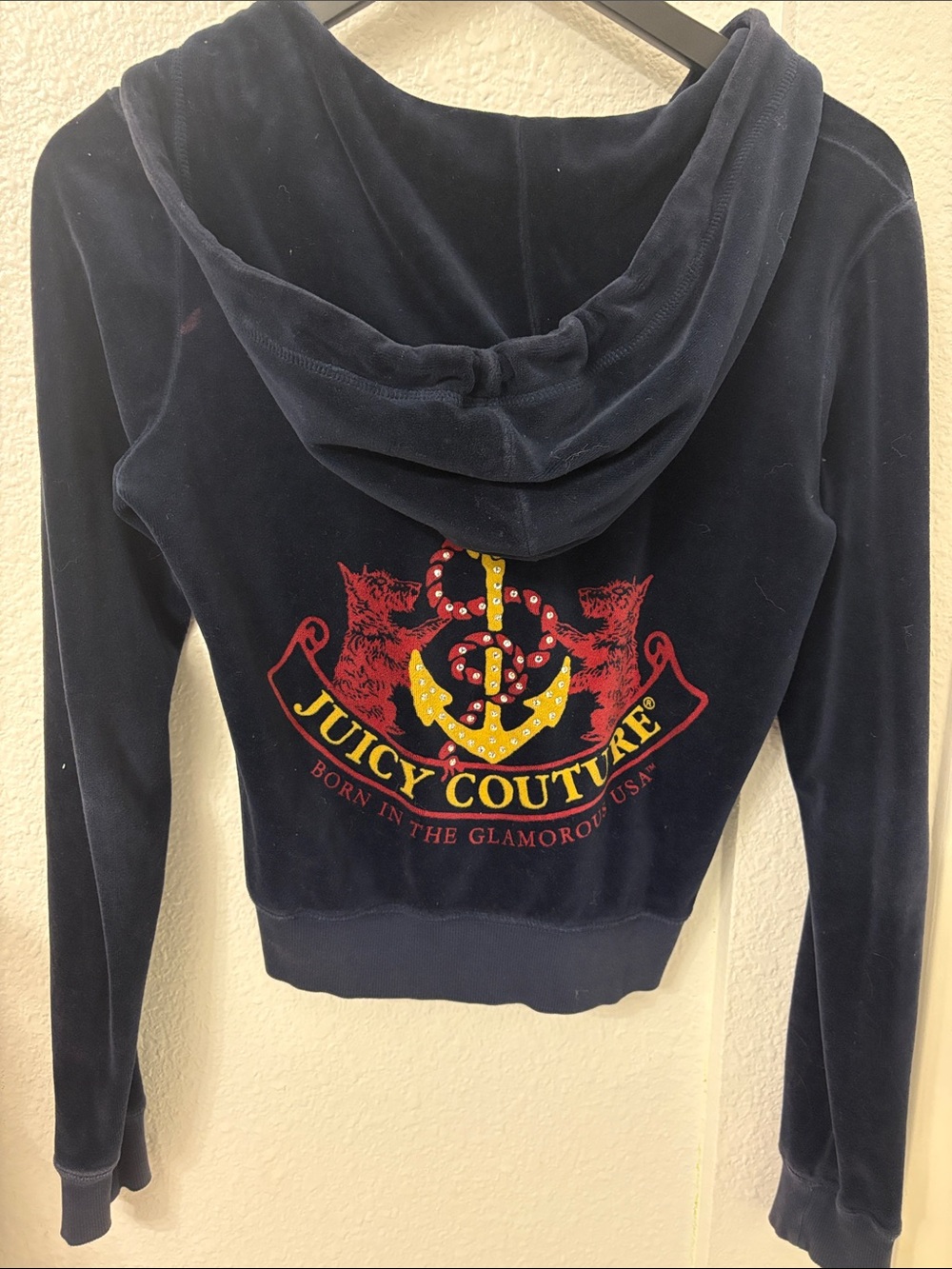Juicy Couture Navy Velour Hoodie with Red & Yellow Crest Logo